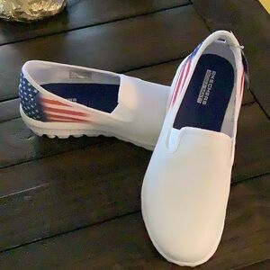 Skechers White Slip-On Shoes with American Flag Design